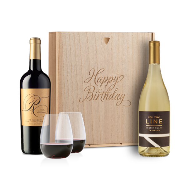 Great Wines & Glasses in “Happy Birthday” Wood Case